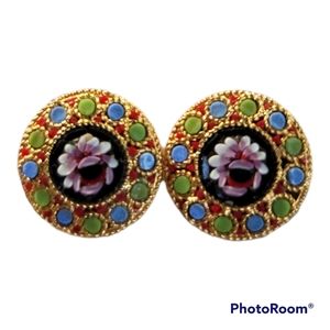 Vtg Gemstone Flower Clip On Earrings